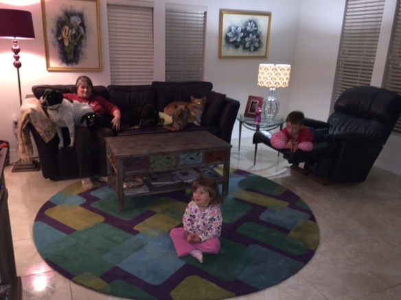 Amber told her kids that at Granny's they sit on the floor and the dogs sit on the couch.  
