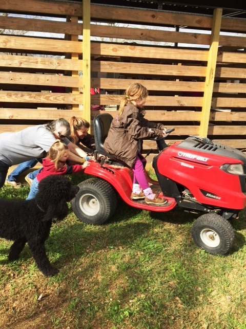 I am pretty sure this is not what my doctor had in mind.  Kendyll is sure doing her part though while Jordyn steers the broken mower.