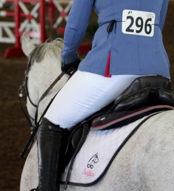 Lauren in her show whites with her number and Irish Sport Horse emblem pad with Feather's name.