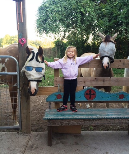 The horses have their fly masks on to keep the flies out of their eyes. Kendyll is pretty